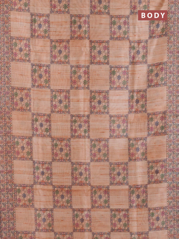 Semi tussar saree orange with allover mathubani prints & kantha stitch work