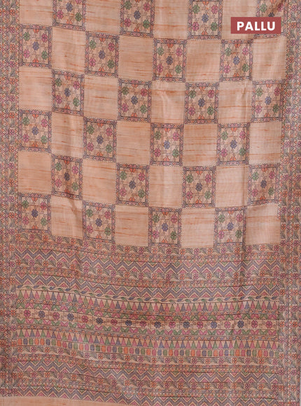 Semi tussar saree orange with allover mathubani prints & kantha stitch work