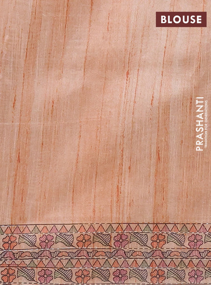 Semi tussar saree orange with allover mathubani prints & kantha stitch work