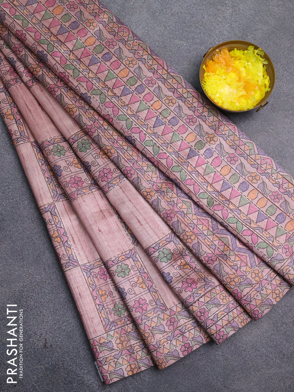 Semi tussar saree pastel pink with allover mathubani prints & kantha stitch work