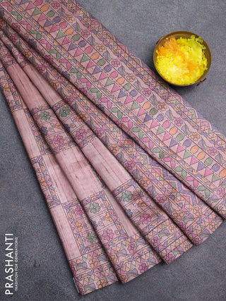 Semi tussar saree pastel pink with allover mathubani prints & kantha stitch work
