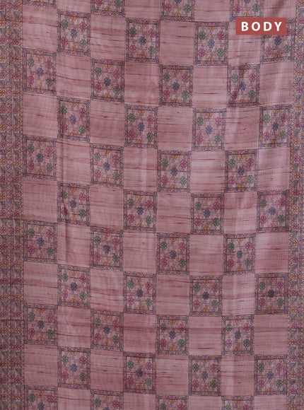 Semi tussar saree pastel pink with allover mathubani prints & kantha stitch work