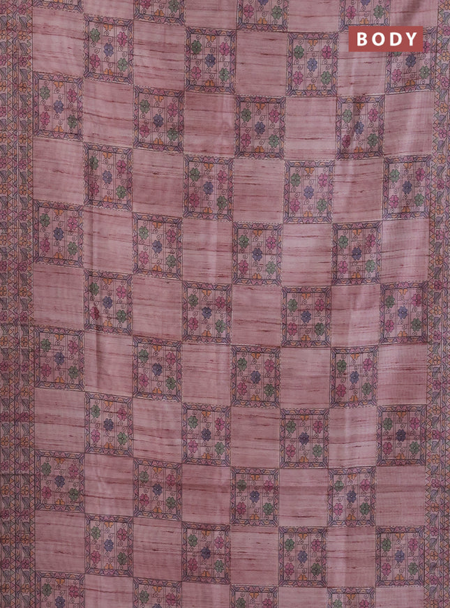 Semi tussar saree pastel pink with allover mathubani prints & kantha stitch work