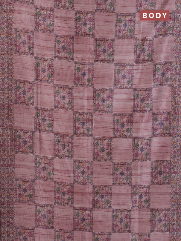 Semi tussar saree pastel pink with allover mathubani prints & kantha stitch work