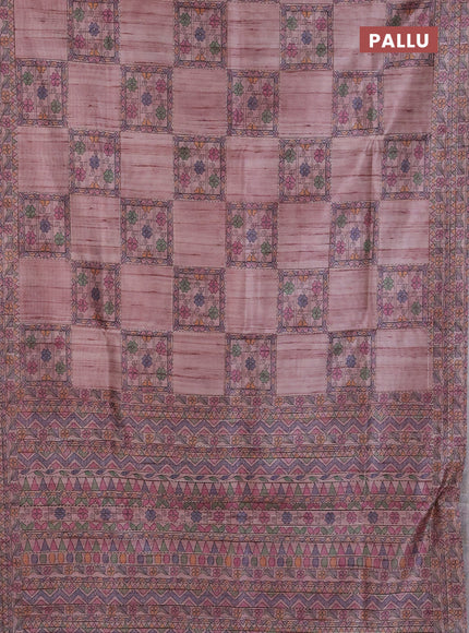 Semi tussar saree pastel pink with allover mathubani prints & kantha stitch work