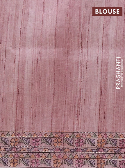 Semi tussar saree pastel pink with allover mathubani prints & kantha stitch work