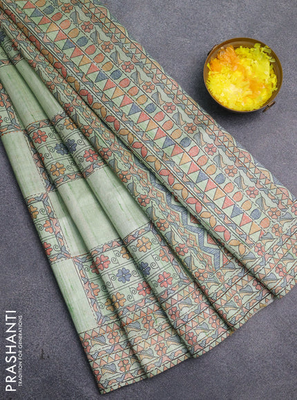 Semi tussar saree pista green with allover mathubani prints & kantha stitch work