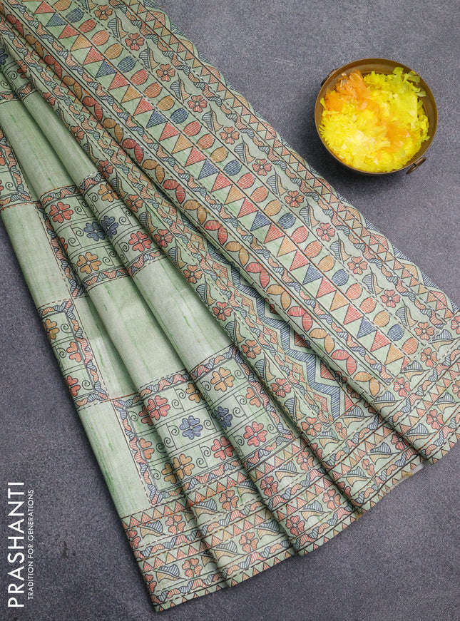 Semi tussar saree pista green with allover mathubani prints & kantha stitch work