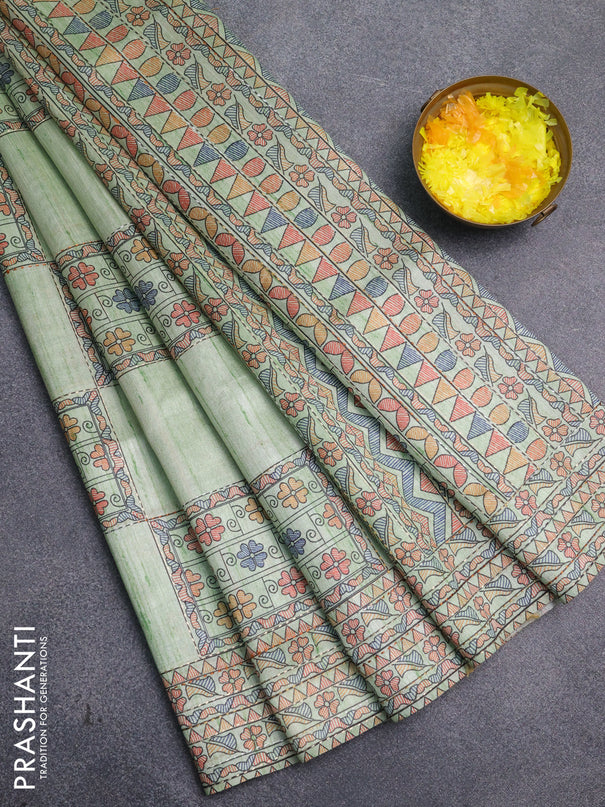 Semi tussar saree pista green with allover mathubani prints & kantha stitch work