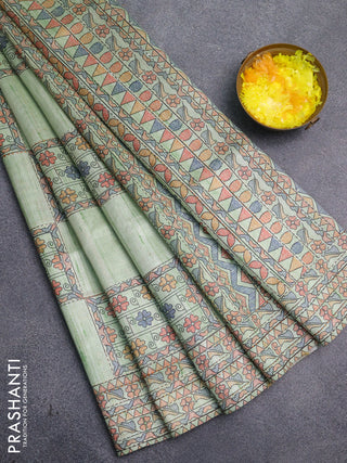 Semi tussar saree pista green with allover mathubani prints & kantha stitch work