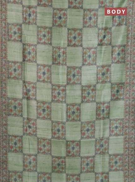 Semi tussar saree pista green with allover mathubani prints & kantha stitch work