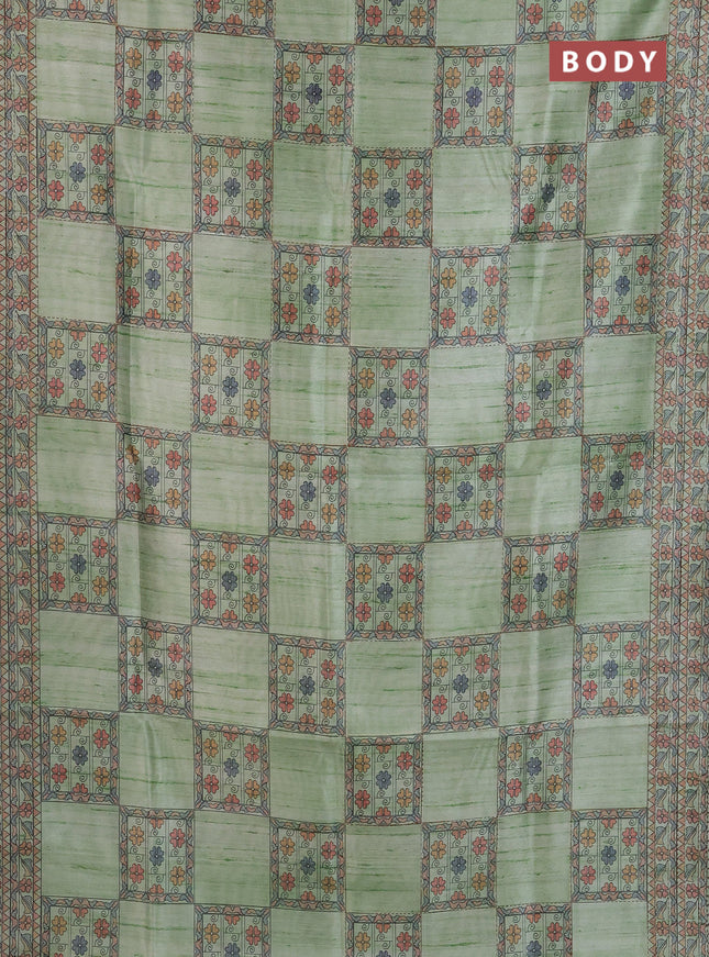 Semi tussar saree pista green with allover mathubani prints & kantha stitch work