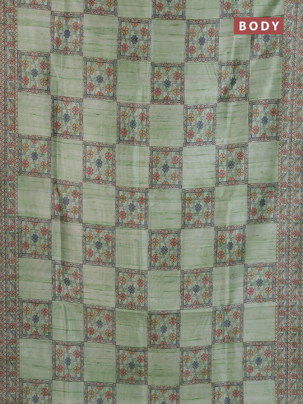 Semi tussar saree pista green with allover mathubani prints & kantha stitch work