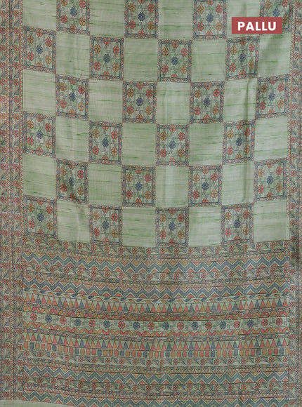 Semi tussar saree pista green with allover mathubani prints & kantha stitch work