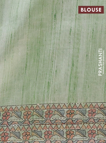 Semi tussar saree pista green with allover mathubani prints & kantha stitch work