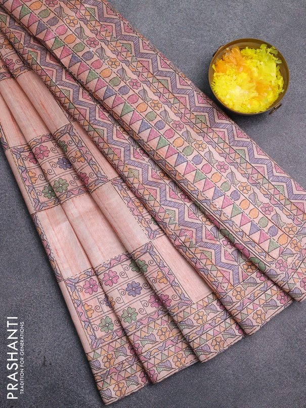Semi tussar saree peach shade with allover mathubani prints & kantha stitch work