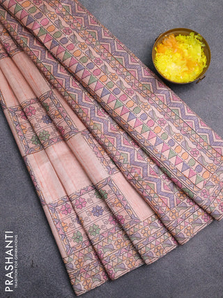 Semi tussar saree peach shade with allover mathubani prints & kantha stitch work