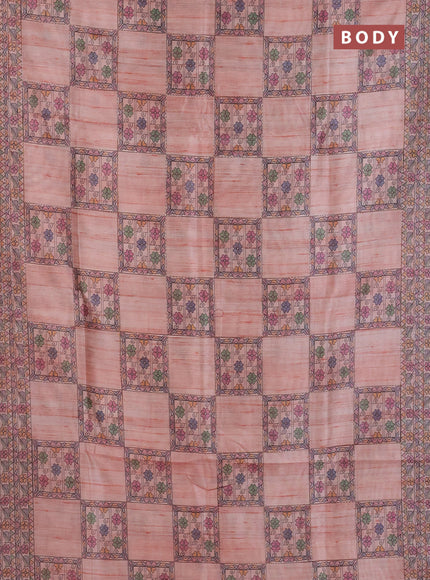 Semi tussar saree peach shade with allover mathubani prints & kantha stitch work