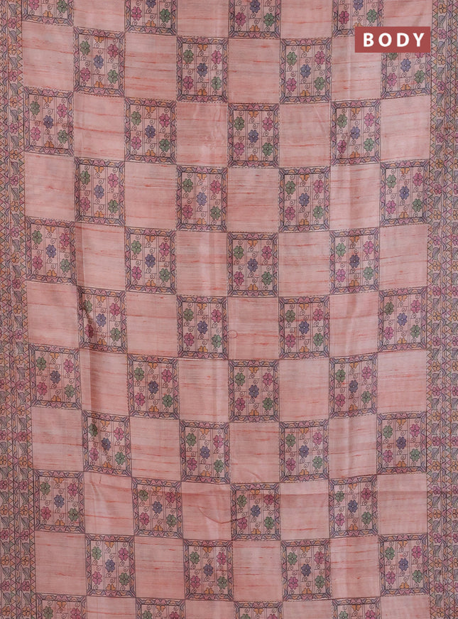 Semi tussar saree peach shade with allover mathubani prints & kantha stitch work