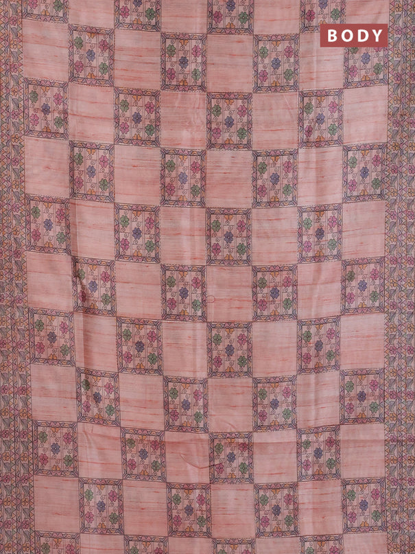 Semi tussar saree peach shade with allover mathubani prints & kantha stitch work