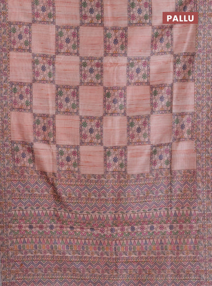 Semi tussar saree peach shade with allover mathubani prints & kantha stitch work