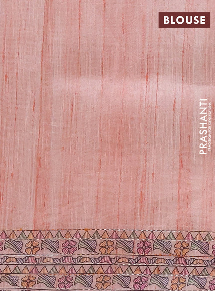 Semi tussar saree peach shade with allover mathubani prints & kantha stitch work
