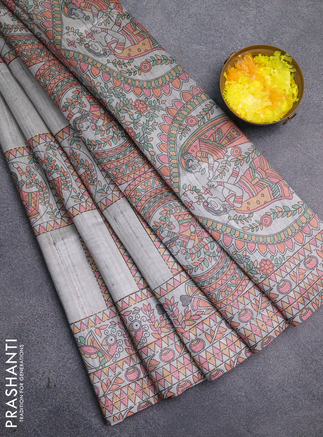 Semi tussar saree grey with allover mathubani prints & kantha stitch work