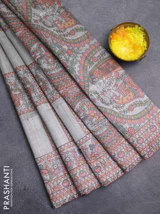 Semi tussar saree grey with allover mathubani prints & kantha stitch work