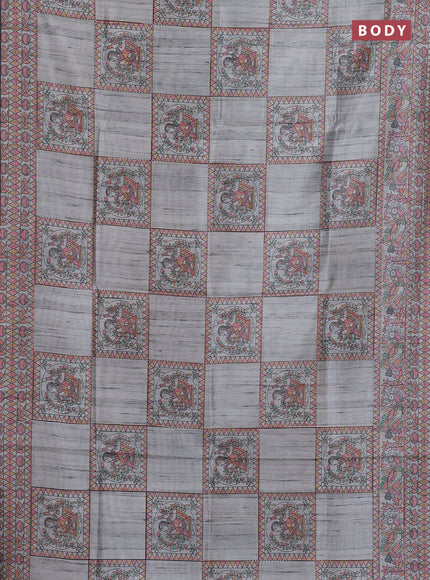 Semi tussar saree grey with allover mathubani prints & kantha stitch work