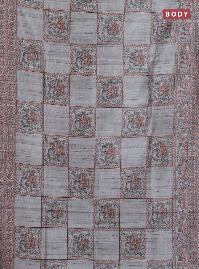 Semi tussar saree grey with allover mathubani prints & kantha stitch work