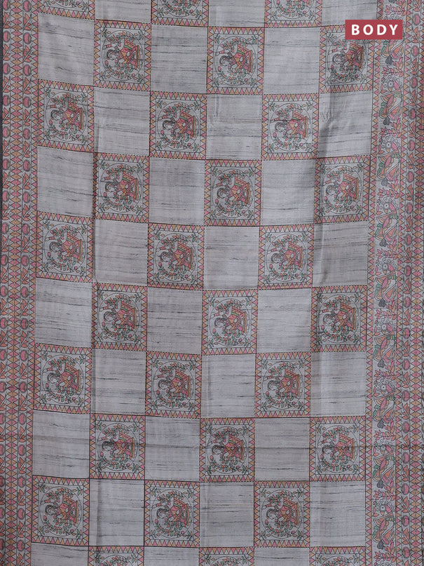 Semi tussar saree grey with allover mathubani prints & kantha stitch work