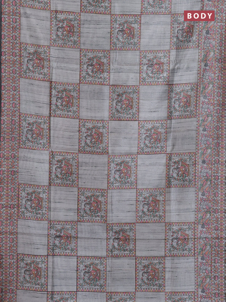 Semi tussar saree grey with allover mathubani prints & kantha stitch work