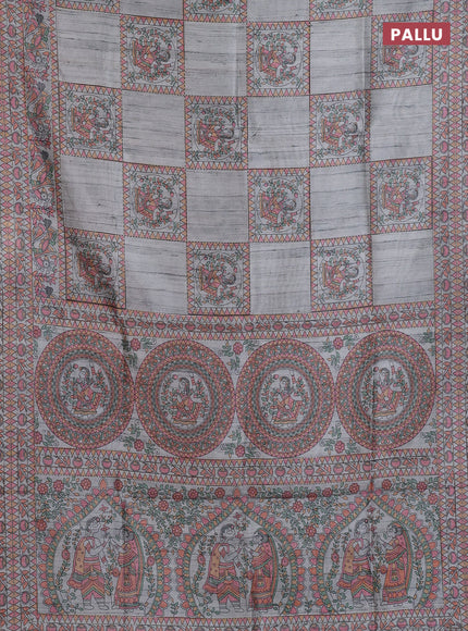 Semi tussar saree grey with allover mathubani prints & kantha stitch work