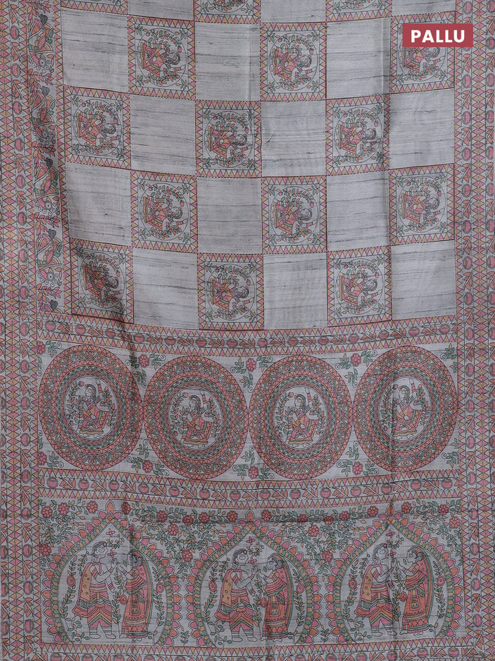 Semi tussar saree grey with allover mathubani prints & kantha stitch work