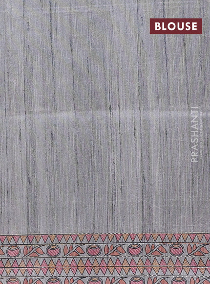 Semi tussar saree grey with allover mathubani prints & kantha stitch work
