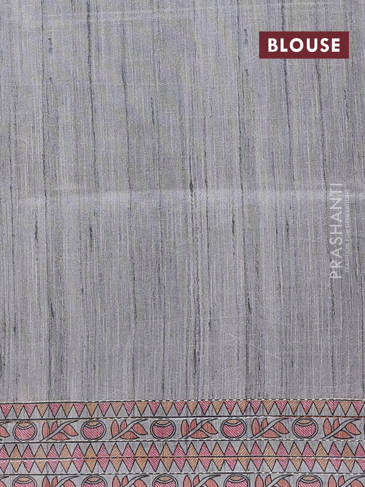 Semi tussar saree grey with allover mathubani prints & kantha stitch work