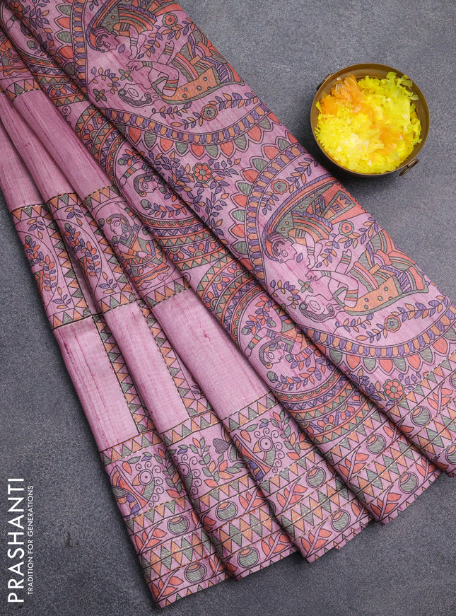 Semi tussar saree mauve pink with allover mathubani prints & kantha stitch work
