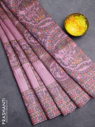 Semi tussar saree mauve pink with allover mathubani prints & kantha stitch work