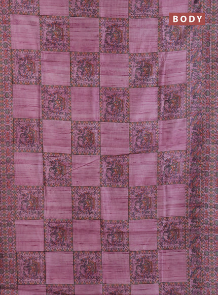 Semi tussar saree mauve pink with allover mathubani prints & kantha stitch work