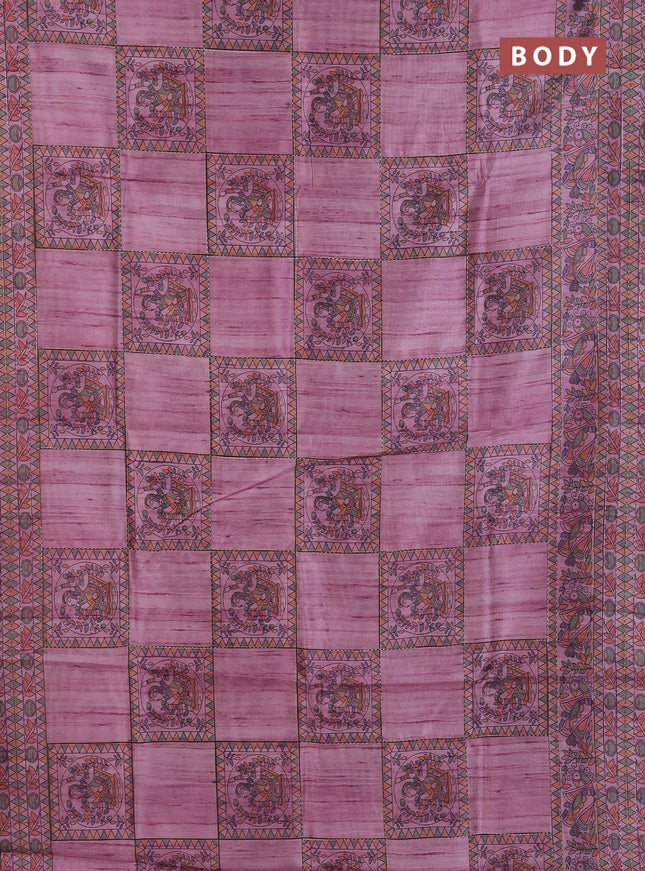 Semi tussar saree mauve pink with allover mathubani prints & kantha stitch work