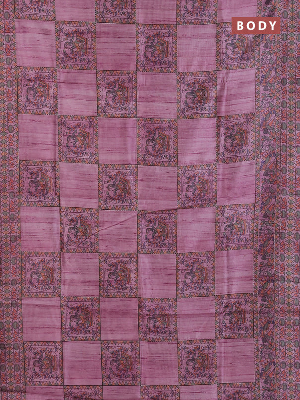 Semi tussar saree mauve pink with allover mathubani prints & kantha stitch work