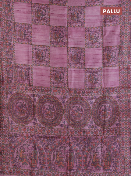 Semi tussar saree mauve pink with allover mathubani prints & kantha stitch work