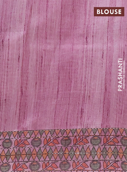 Semi tussar saree mauve pink with allover mathubani prints & kantha stitch work