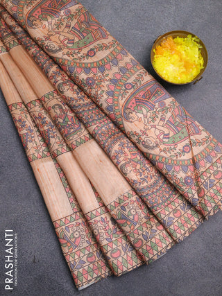 Semi tussar saree orange with allover mathubani prints & kantha stitch work
