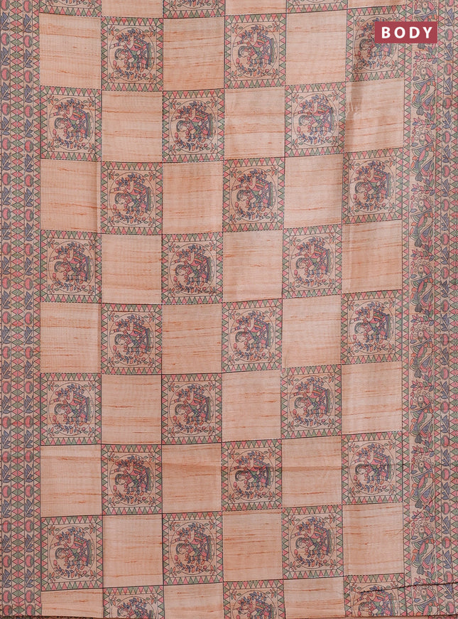 Semi tussar saree orange with allover mathubani prints & kantha stitch work