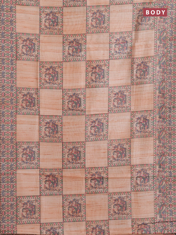 Semi tussar saree orange with allover mathubani prints & kantha stitch work