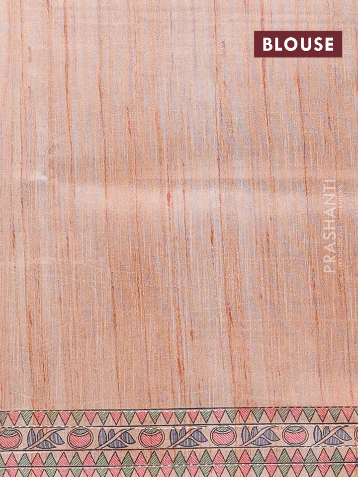 Semi tussar saree orange with allover mathubani prints & kantha stitch work