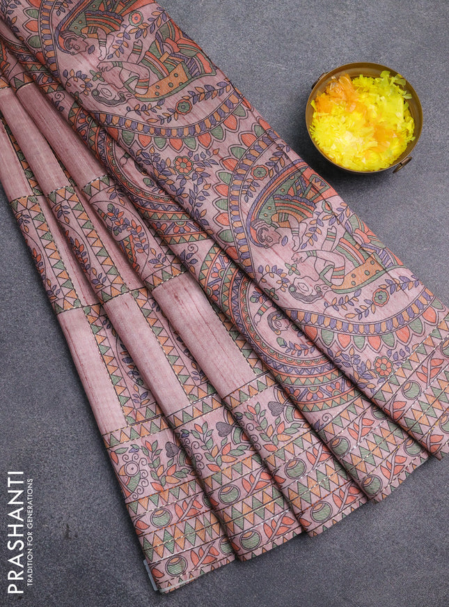 Semi tussar saree pastel pink with allover mathubani prints & kantha stitch work