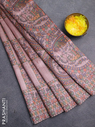 Semi tussar saree pastel pink with allover mathubani prints & kantha stitch work