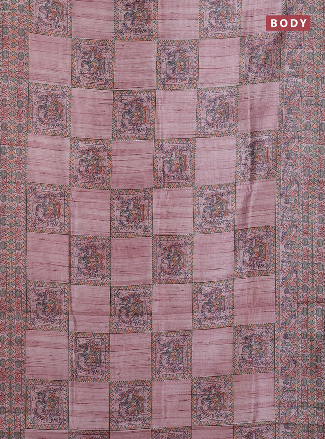 Semi tussar saree pastel pink with allover mathubani prints & kantha stitch work